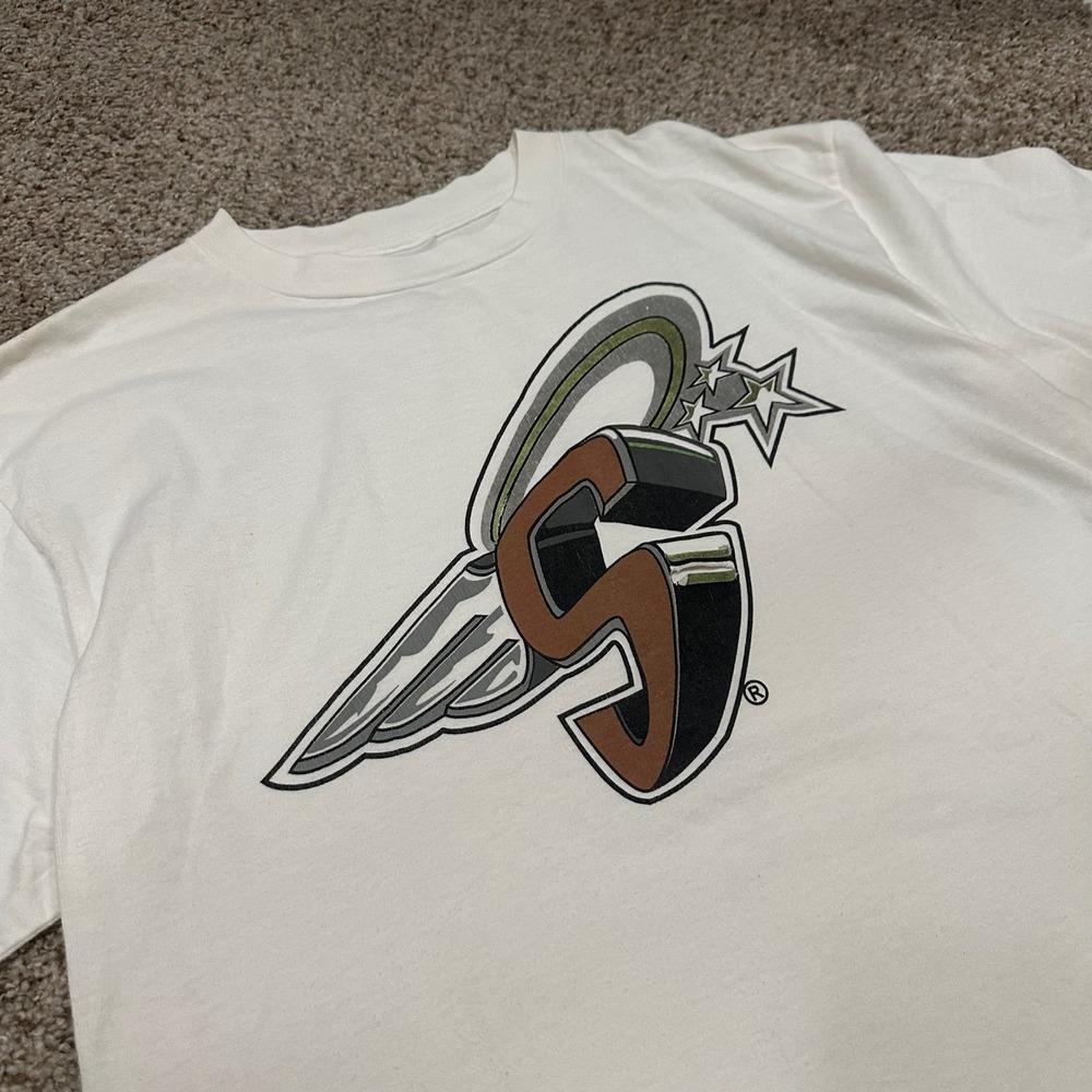 Vintage Tultex Mens Graphic T Shirt Large White Preowned Stains - Picture 2 of 5